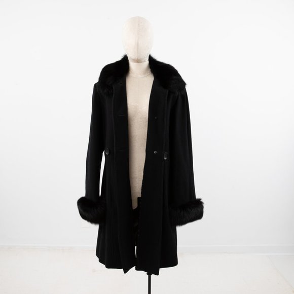 Vintage M Cashmere Wool Fox Fur Winter Coat Black - Picture 3 of 12